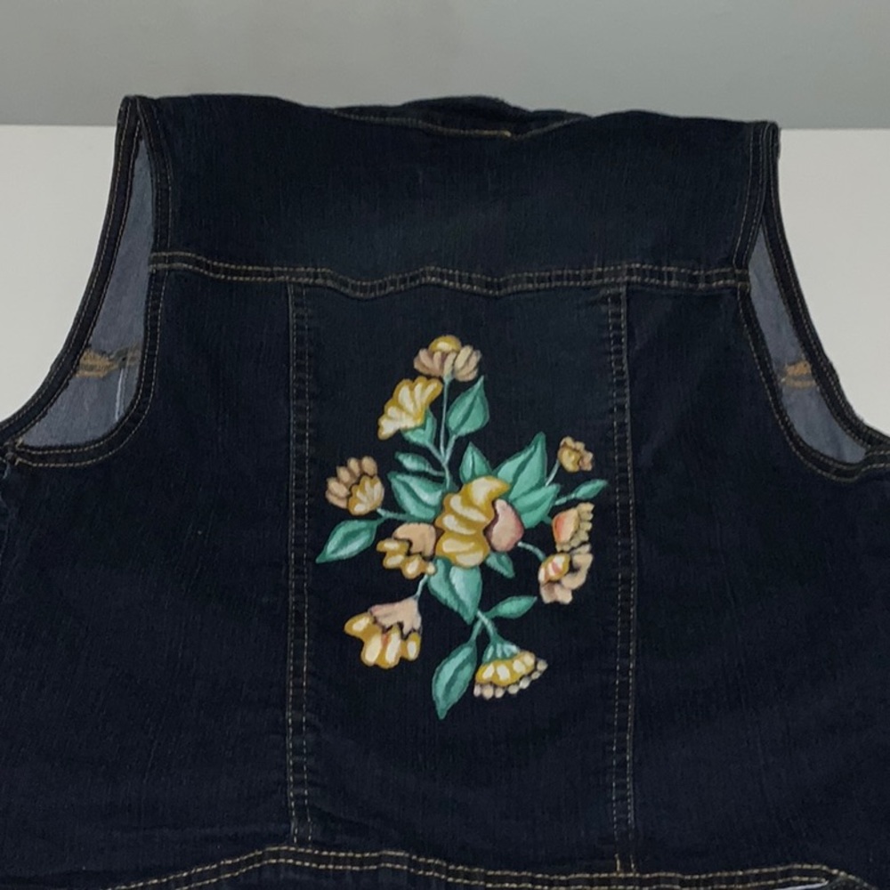 Hand-Painted Yellow Rose Jean Jacket Vest